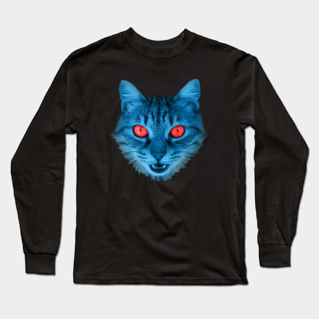 Blue Cat 3D with Red Eyes Gift for Cats Lover Long Sleeve T-Shirt by FoolDesign